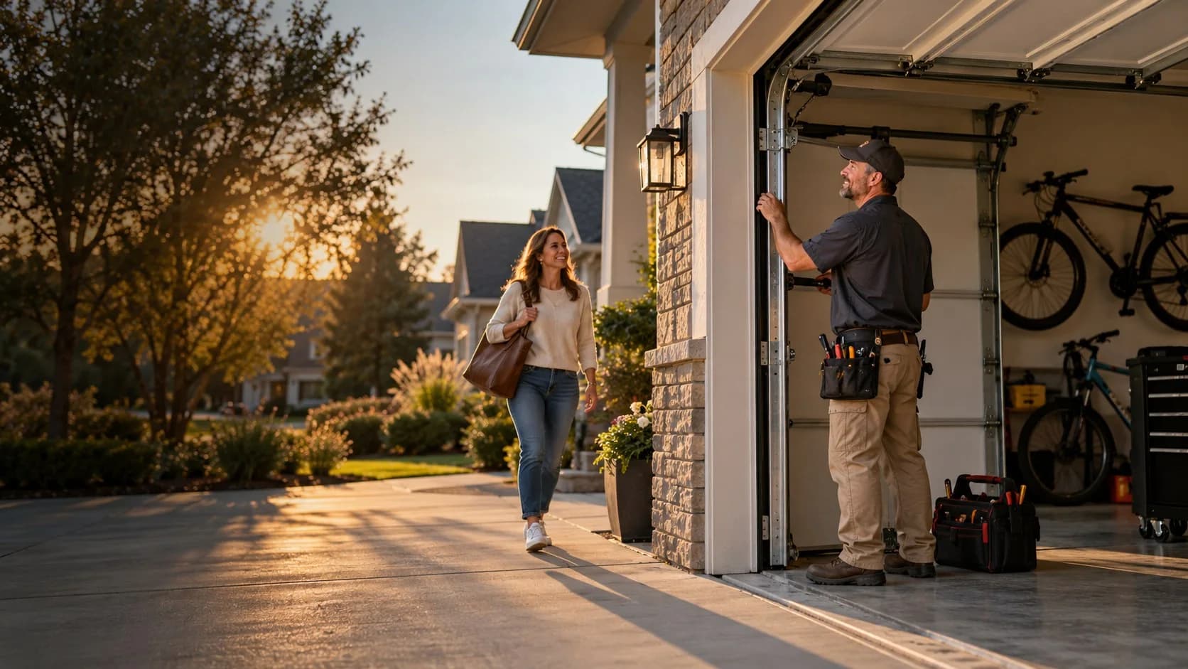 Technician inspecting a residential garage door