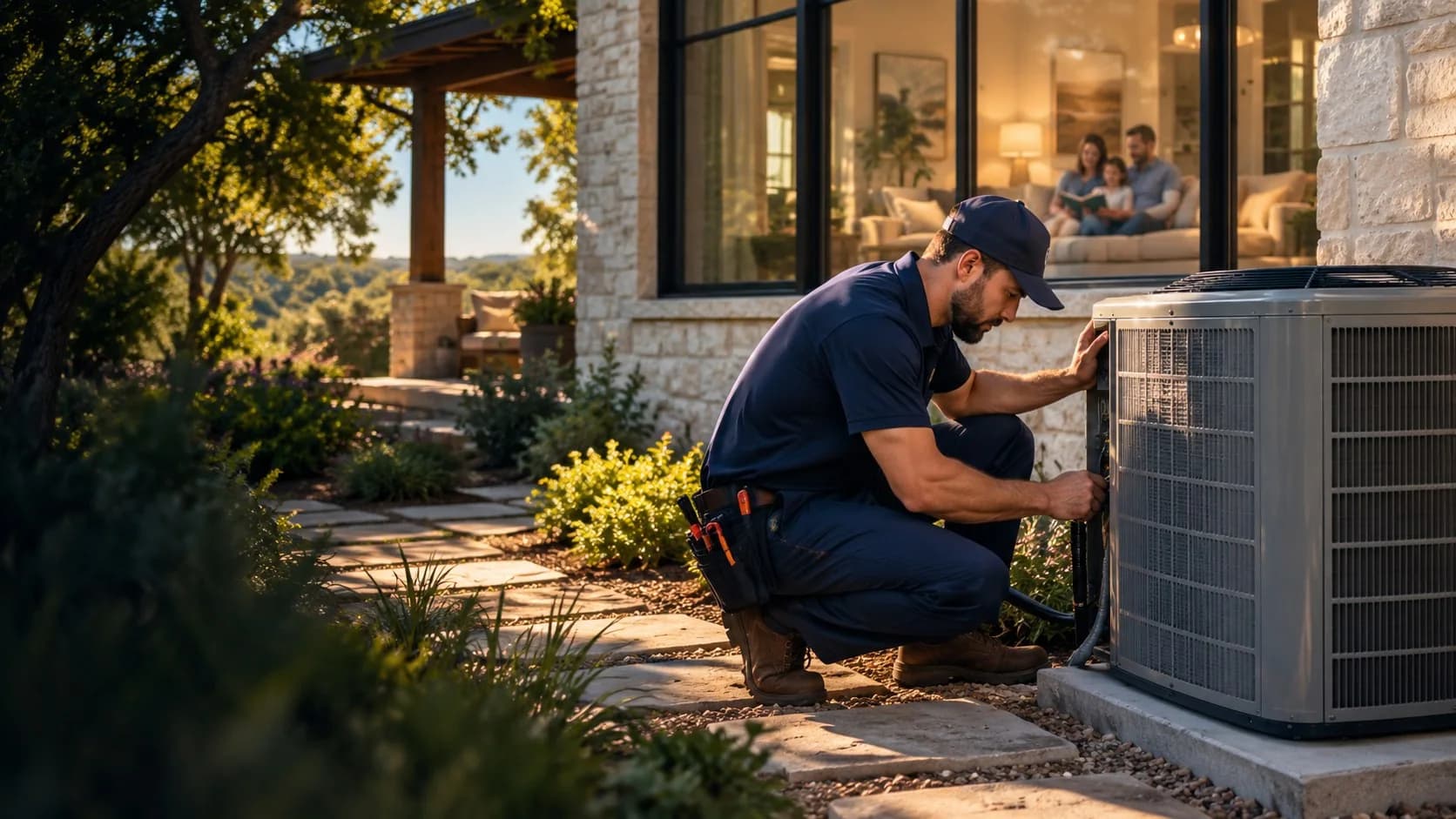 HVAC technician checking an outdoor air conditioning unit