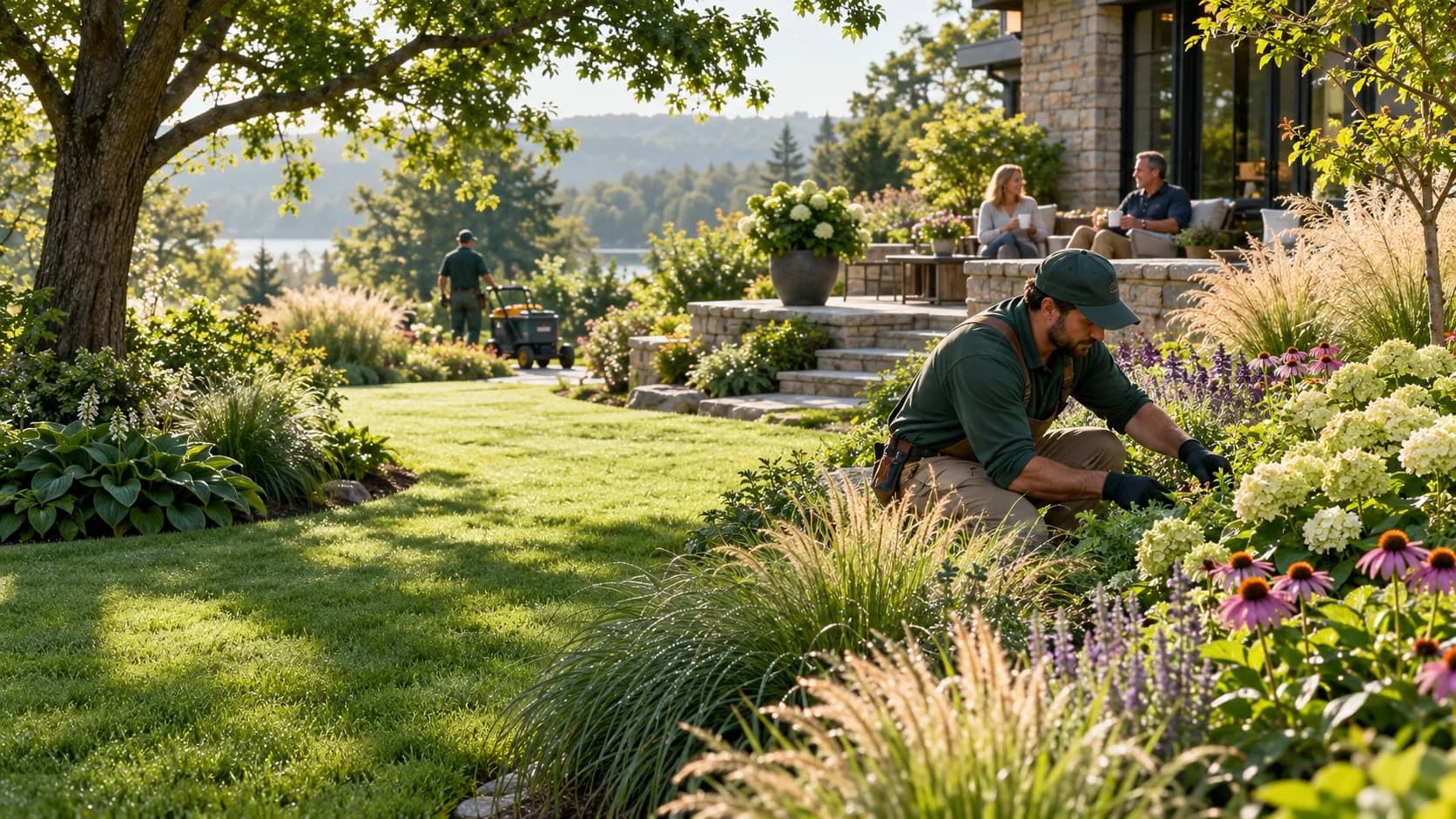 Landscaping crew maintaining a residential garden