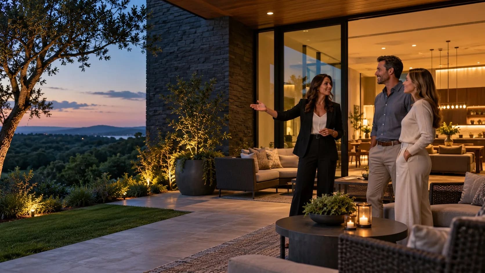 Illustrative agent and buyers approaching a contemporary Texas home