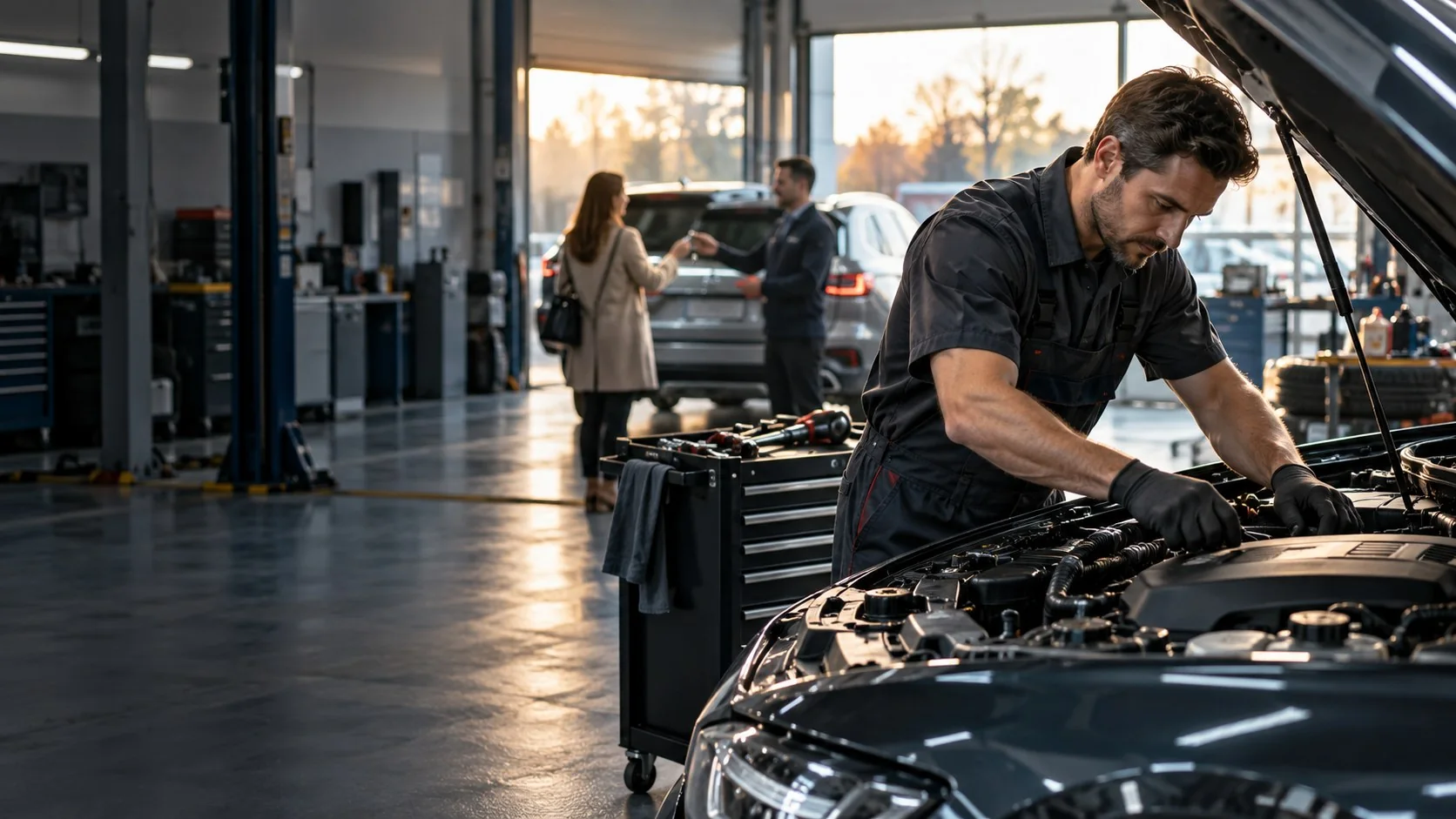 Auto technician working under a vehicle hood