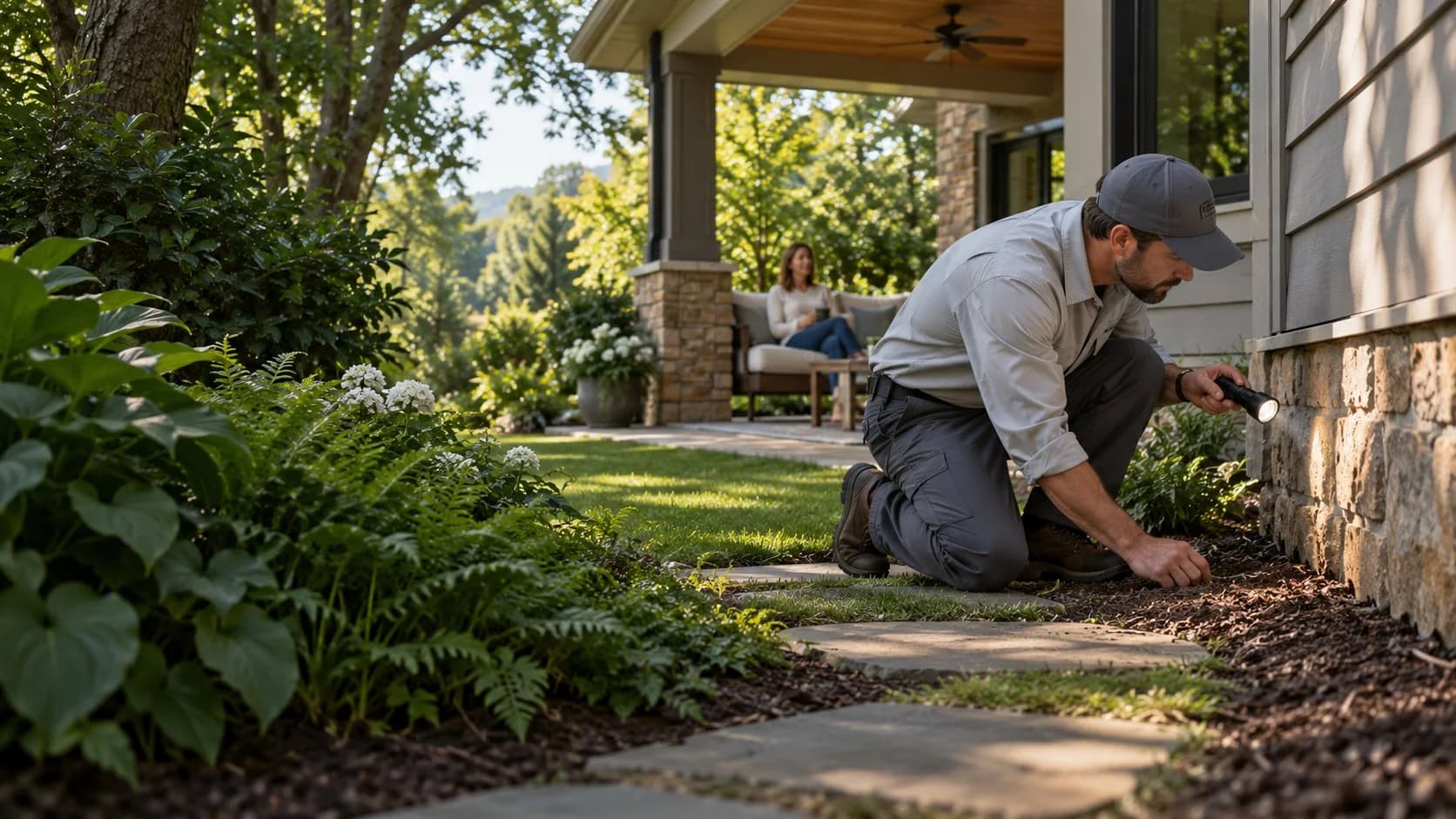 Pest control technician inspecting a home foundation