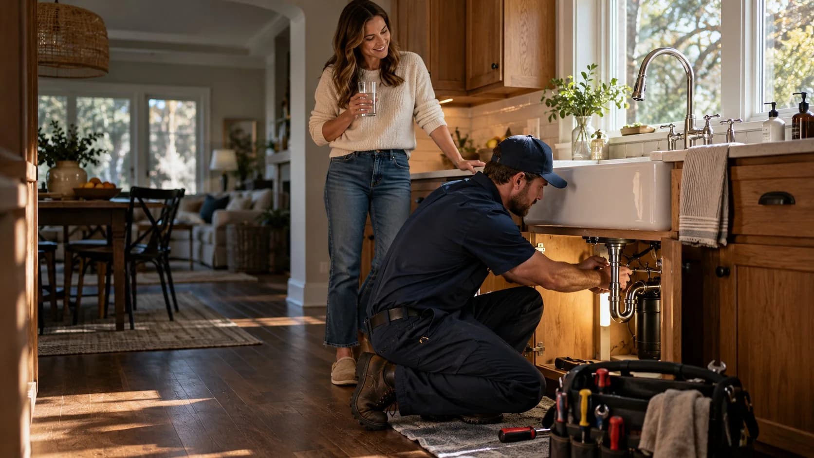Plumber repairing a sink drain in a bright home