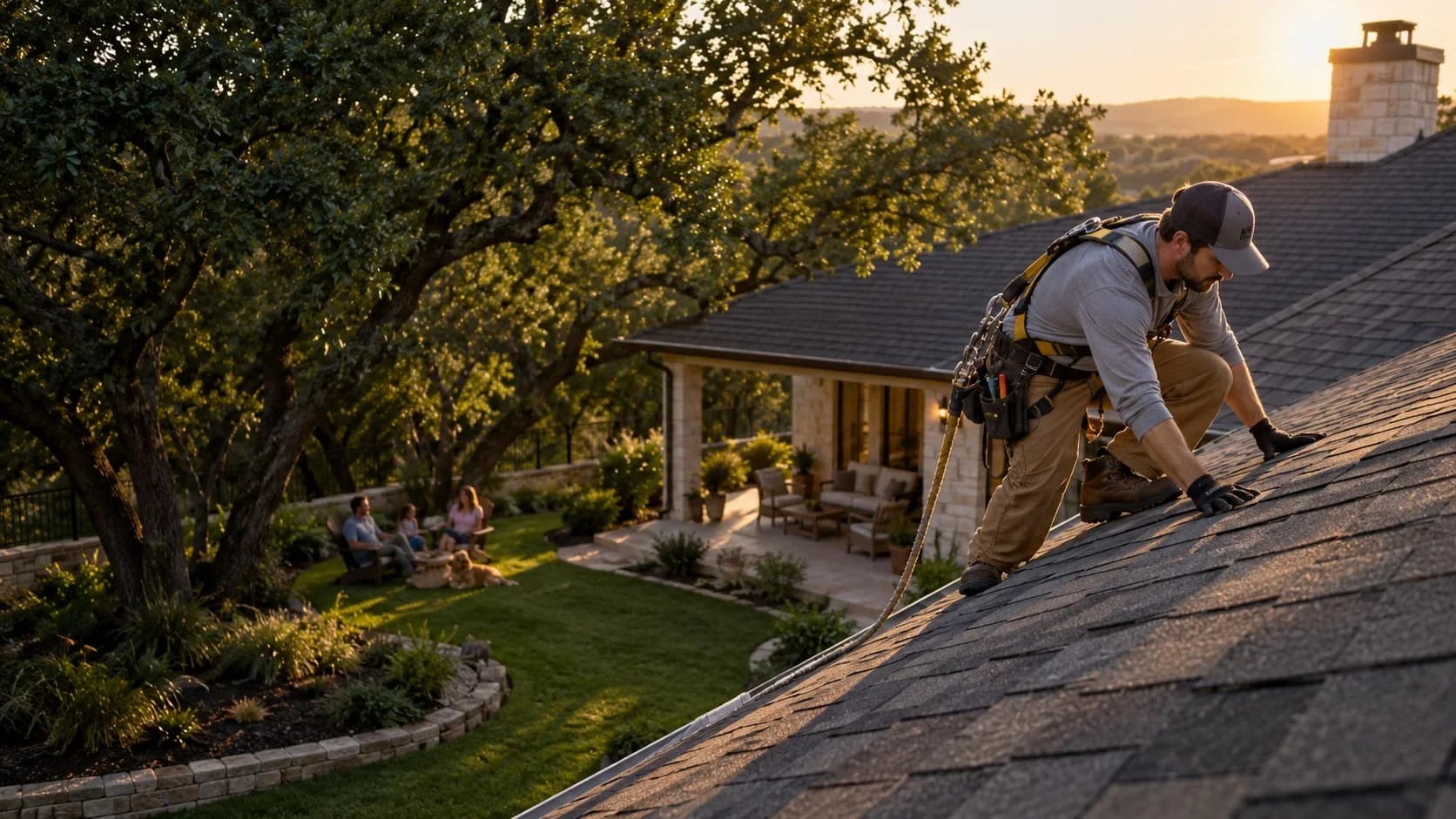 Roofer wearing a safety harness while working on shingles