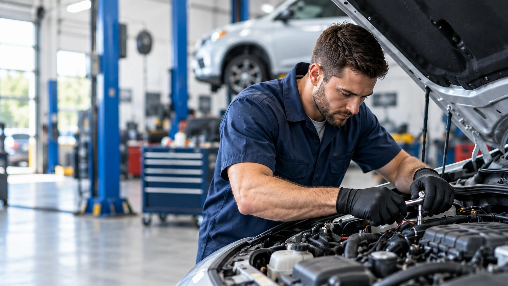 Auto repair technician working under the hood in a professional workshop