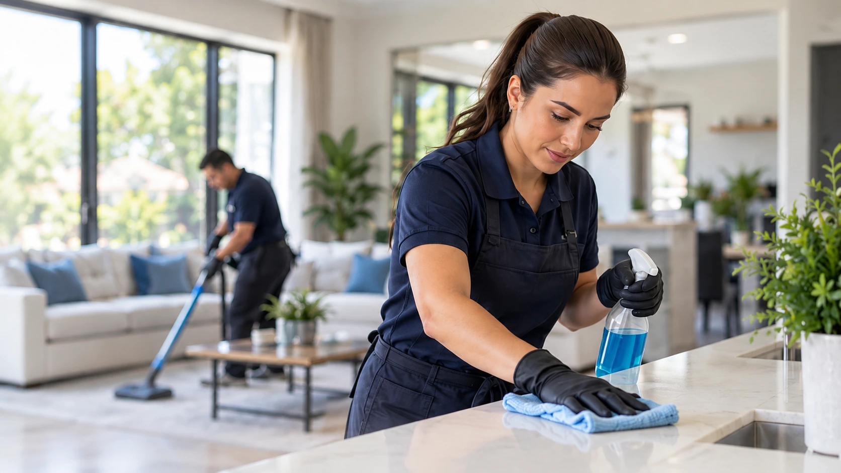 Professional cleaning team wiping a kitchen counter and vacuuming a home