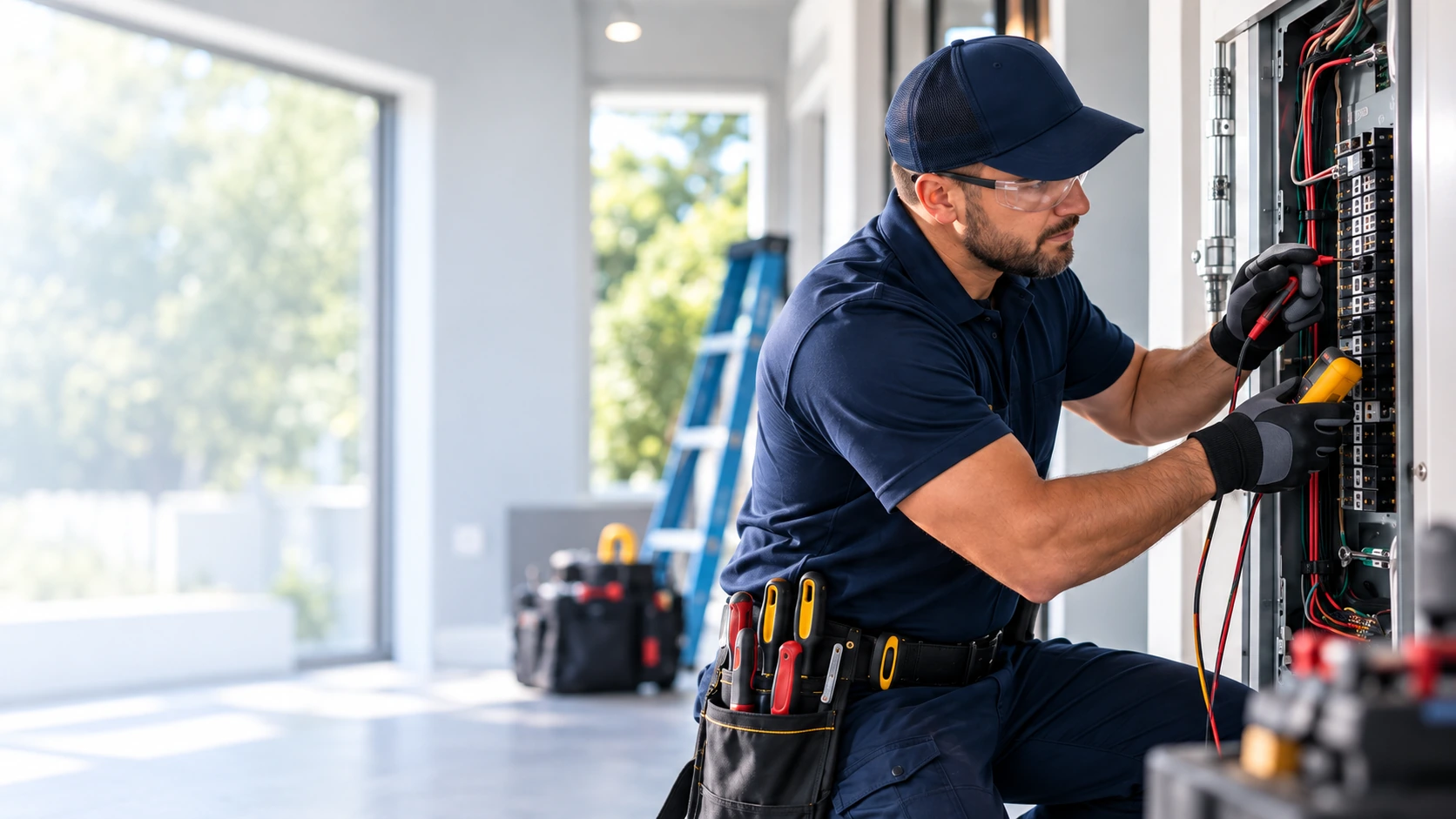Electrician inspecting a residential breaker panel with a meter