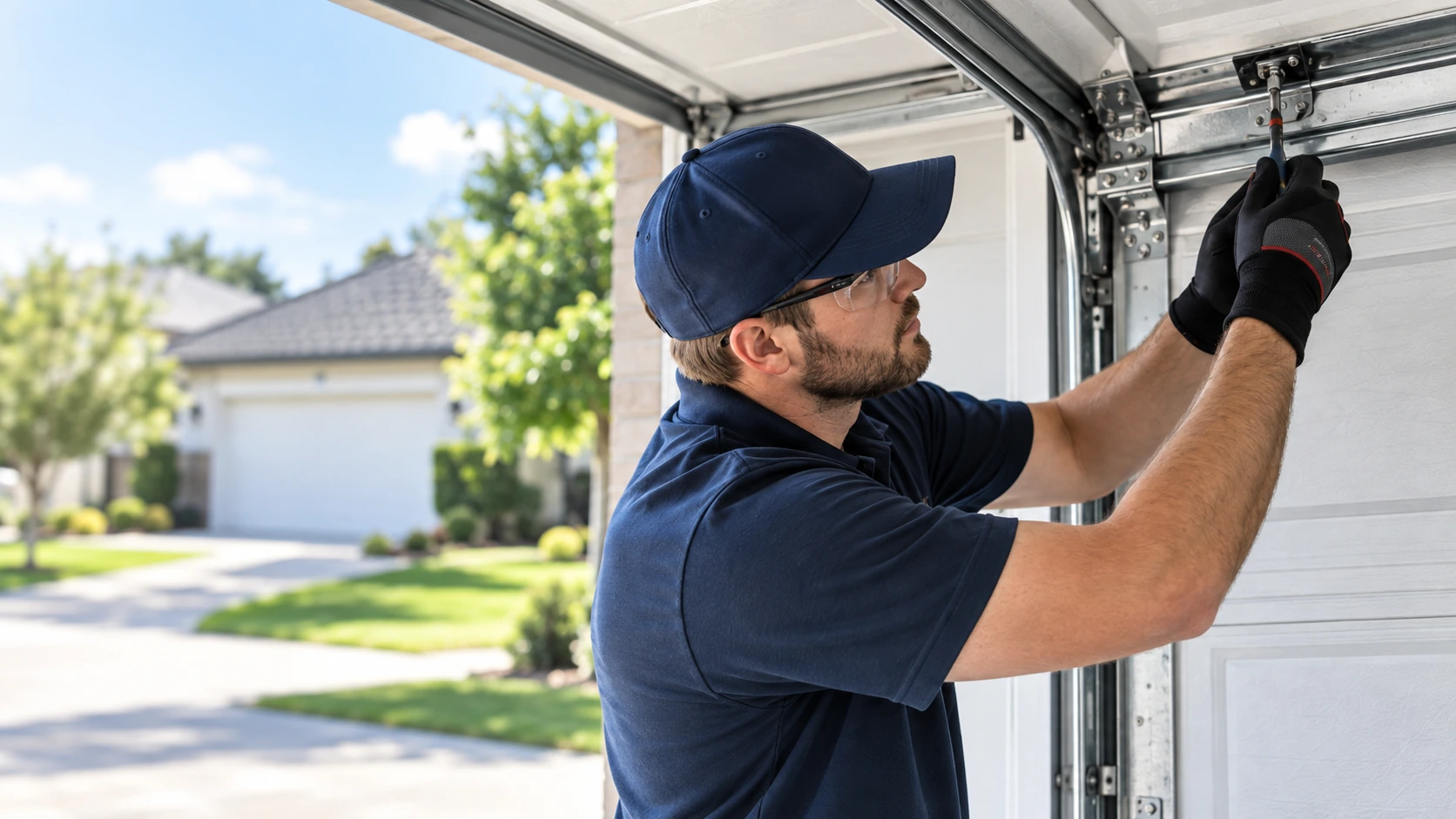 Garage door technician inspecting a residential door track and roller