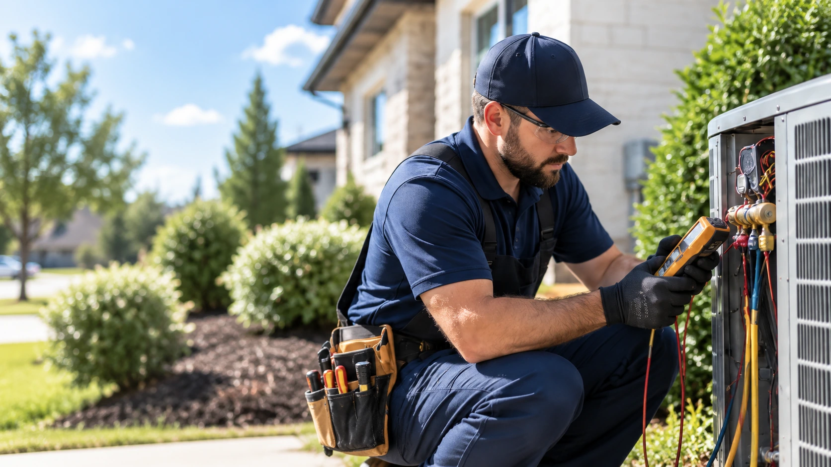 HVAC technician inspecting a home's outdoor air conditioning unit
