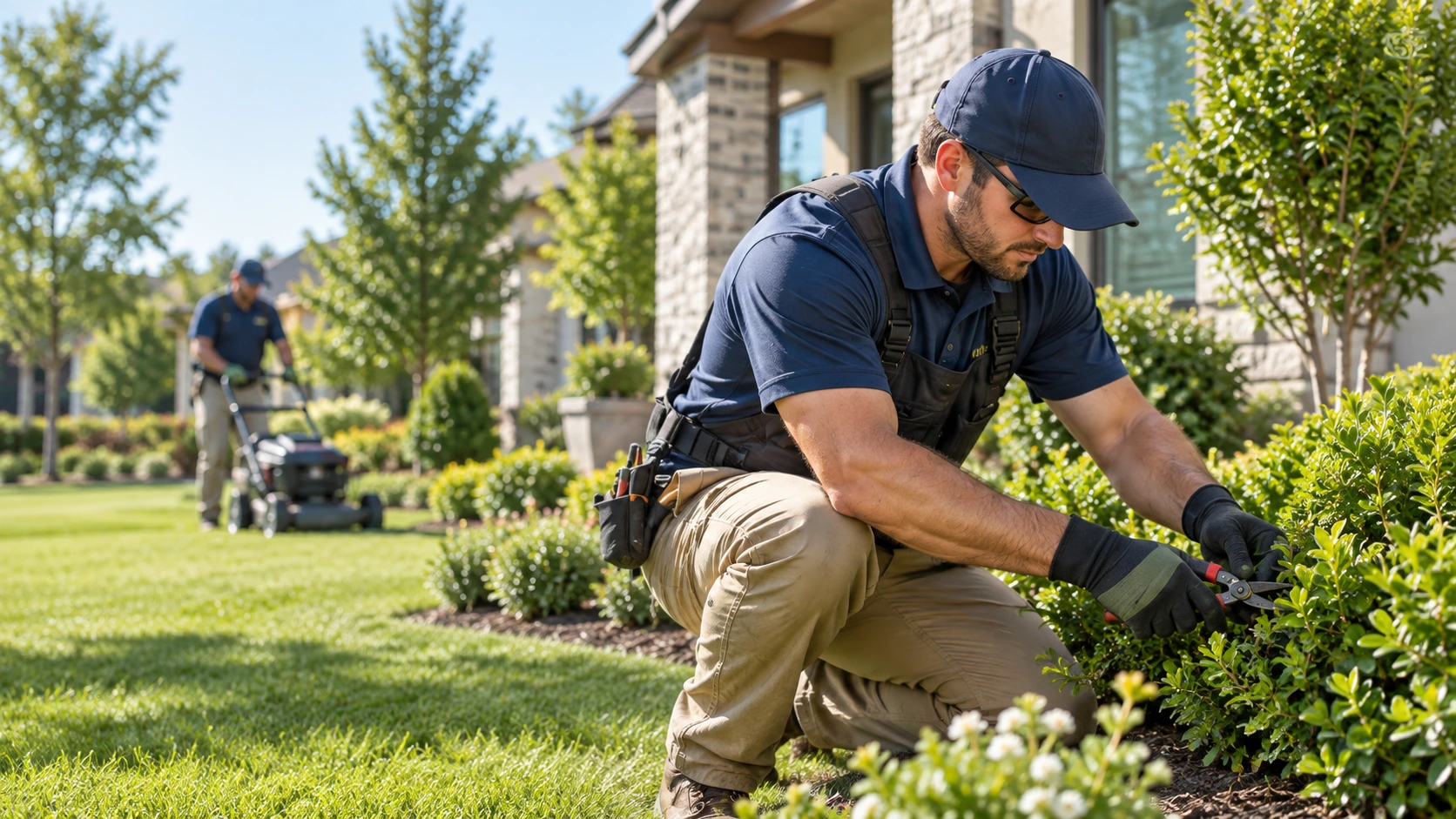 Landscaping crew pruning shrubs and mowing a residential lawn