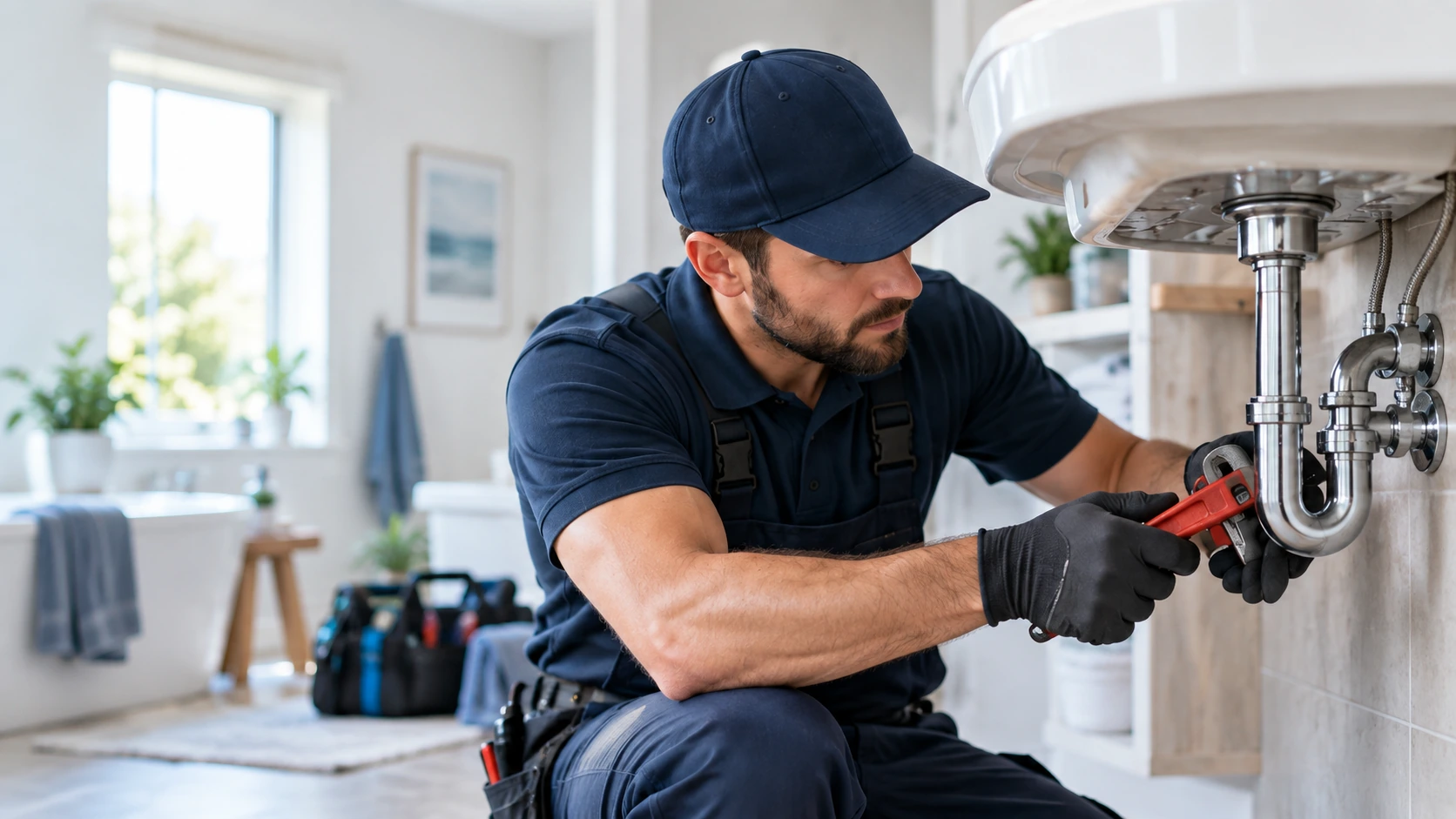 Plumber repairing a sink drain in a bright residential bathroom