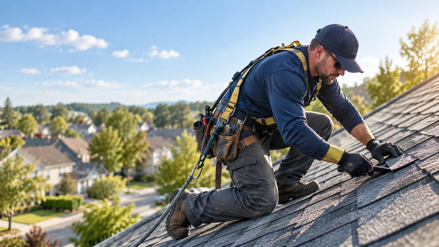 Roofer wearing a safety harness while working on residential shingles