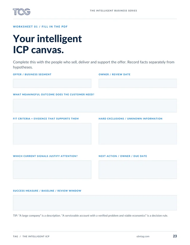 Page 23: A fillable worksheet for your offer, customer outcomes, evidence of fit, exclusions, buying signals, and success measure.