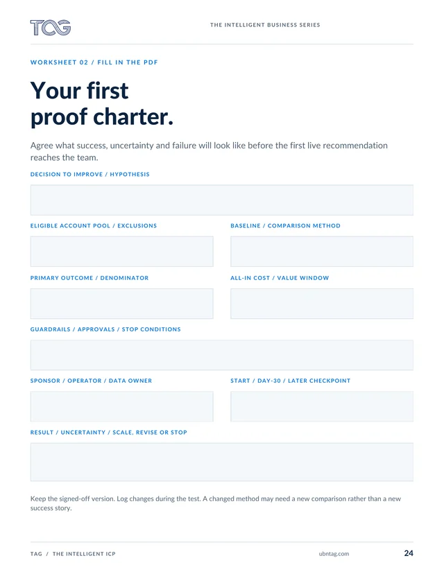 Page 24: A fillable worksheet to choose a comparison, metric, cost, safeguards, owner, and checkpoint before testing an idea.