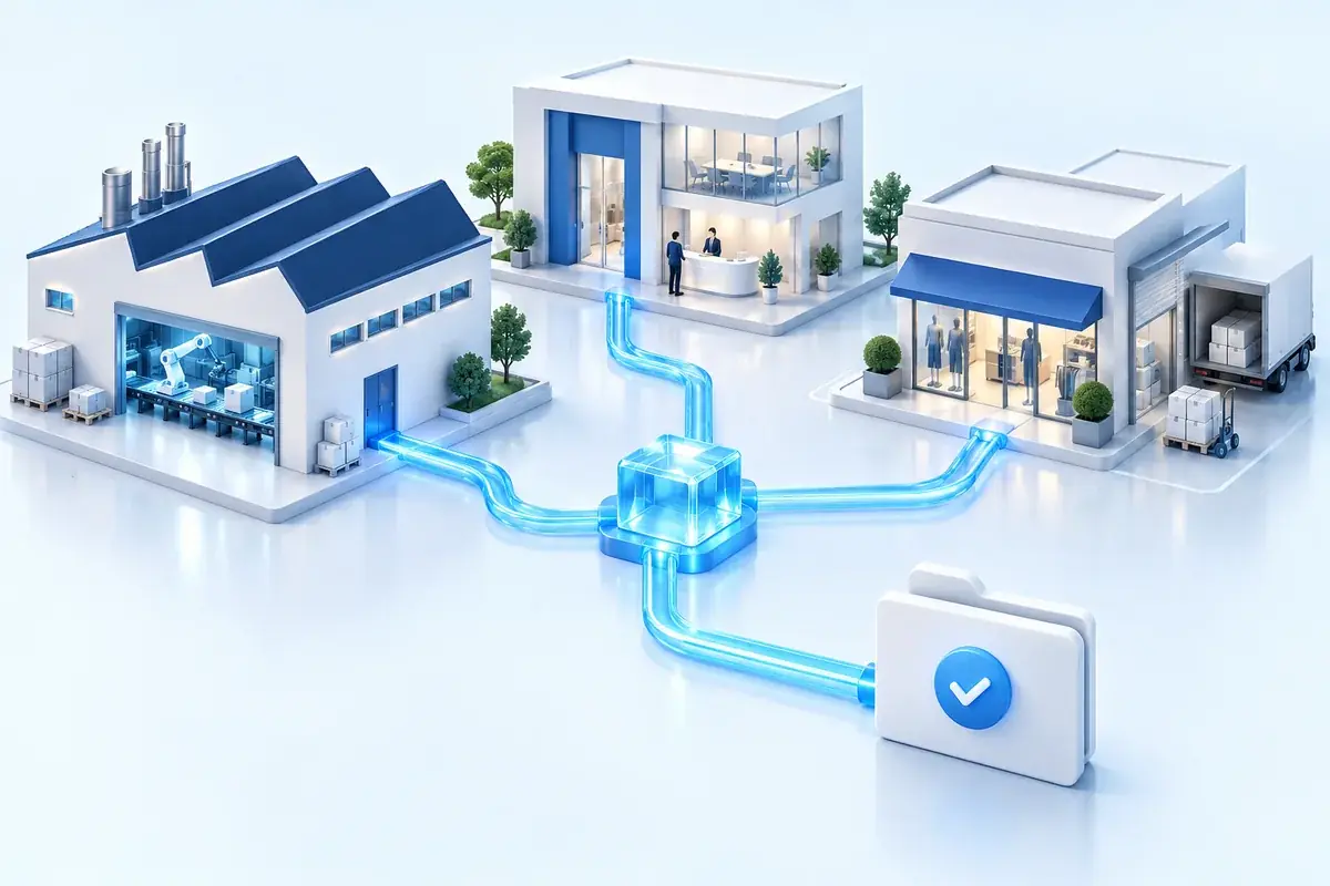 Manufacturing, professional services and retail operations connect through an intelligence layer to a clear next action