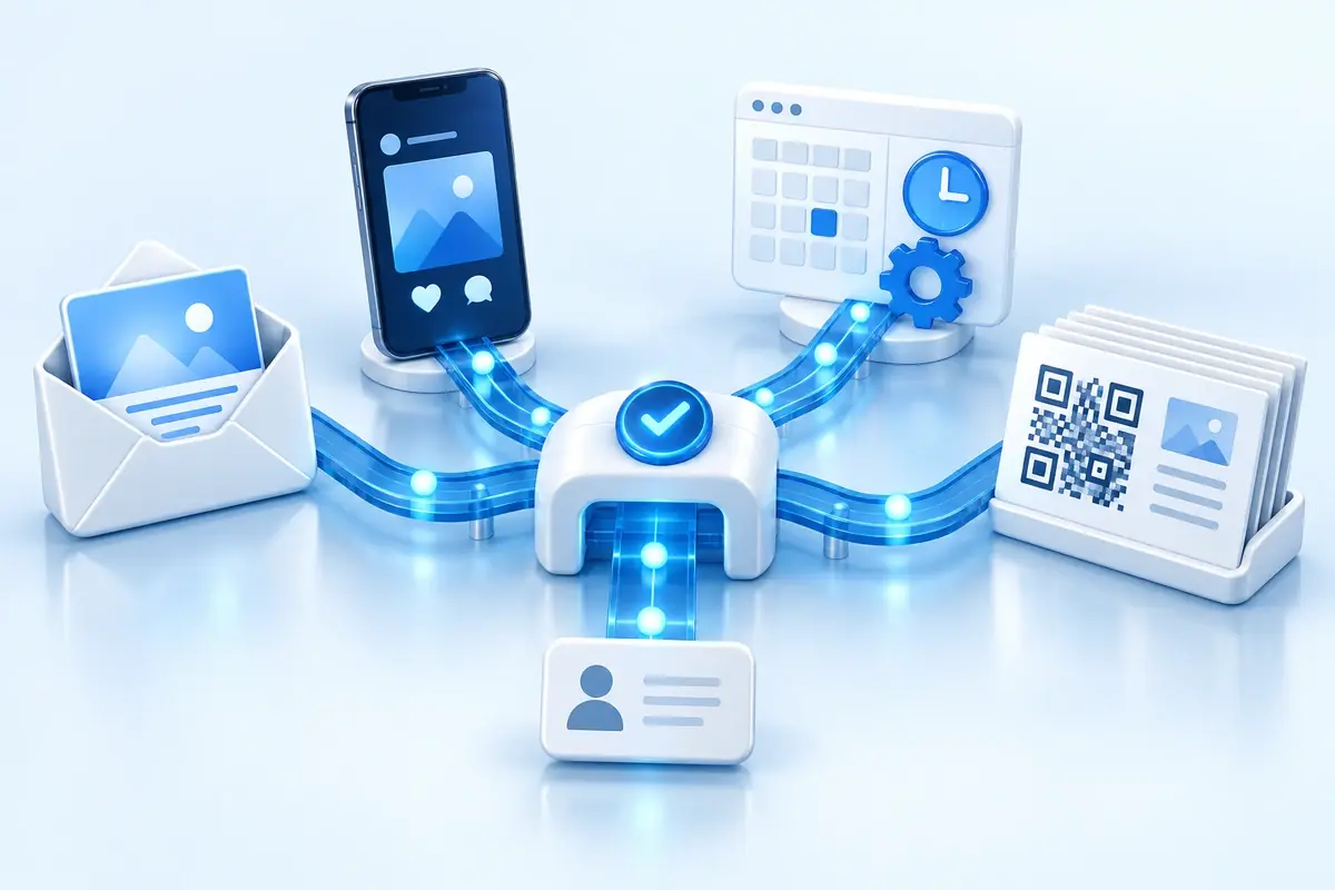 Email, social posts, QR mailers, and scheduled social-page management connected through an approval step to customer inquiries.
