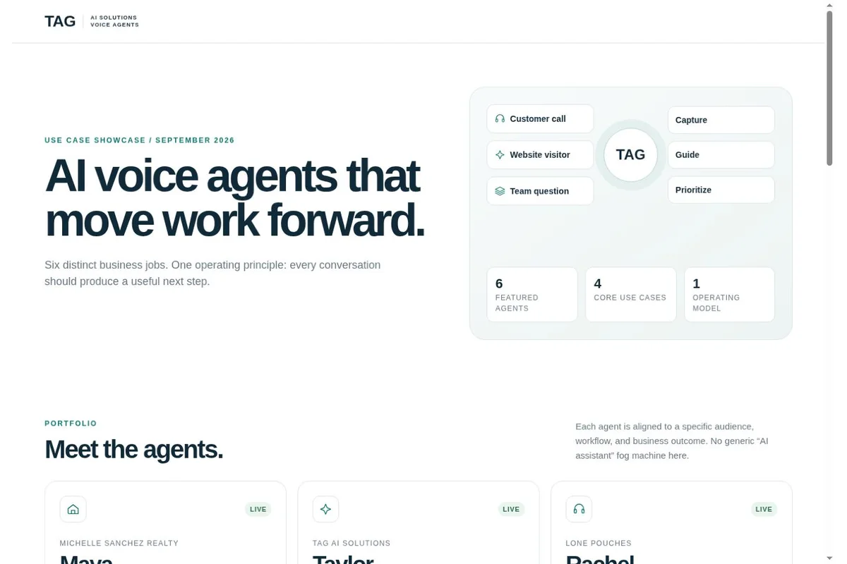 TAG voice agent portfolio and its conversation-to-workflow operating model